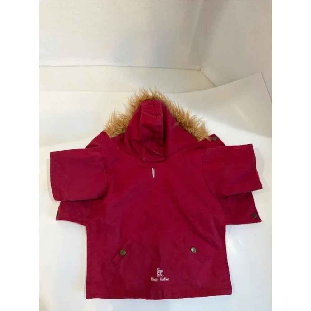 Doggy Fashion Red Cotton Snap Coat with Fur Lined Hood Size Small